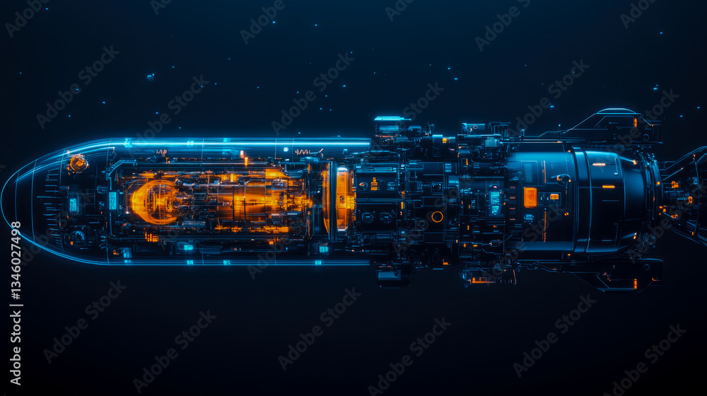 Poster a futuristic tech: advanced spacecraft with intricate mechanical, glowing core for space exploration