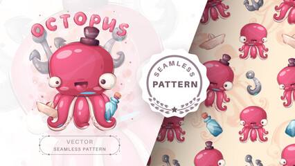 Cartoon character happy animal octopus - seamless pattern