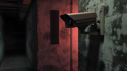 Security camera monitoring dark alley with red light and graffiti