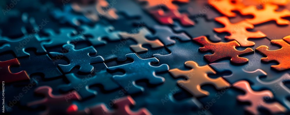 Poster colorful jigsaw puzzle pieces creating intricate design and problem solving challenge
