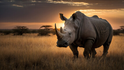 Obraz premium A close-up of a majestic rhino basking in the warm glow of sunset within the peaceful expanse of national park.