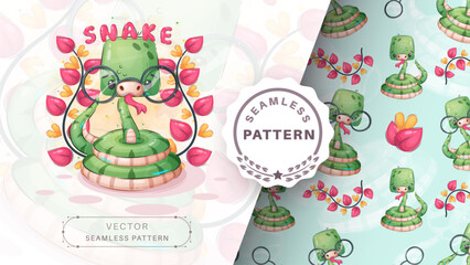 Cartoon character cute animal snake - seamless pattern