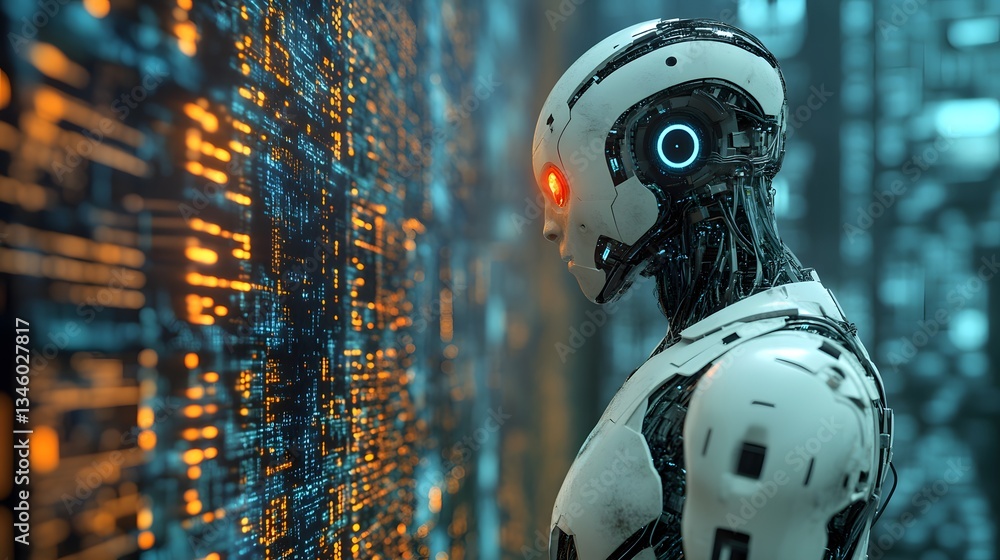 Poster Humanoid robot analyzing data stream in futuristic server room
