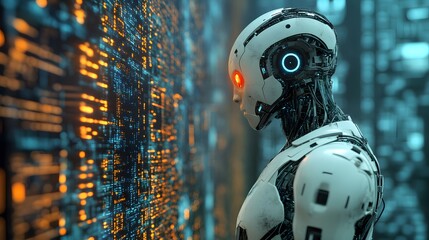 Humanoid robot analyzing data stream in futuristic server room