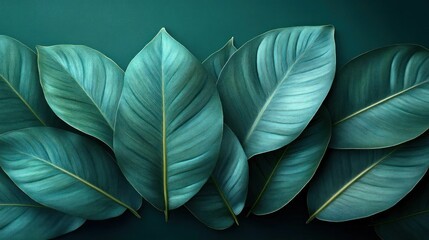 Obraz premium Serene Teal Tropical Leaves Botanical Background