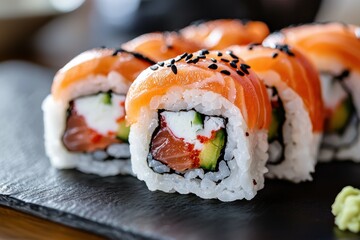 Sushi Artistry: A close-up of a sushi chef meticulously crafting sushi rolls
