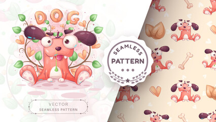 Cartoon character animal dog pug snot - seamless pattern