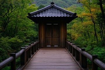 Fototapeta premium A charming old wooden bridge in Shuzenji, surrounded by autumn foliage