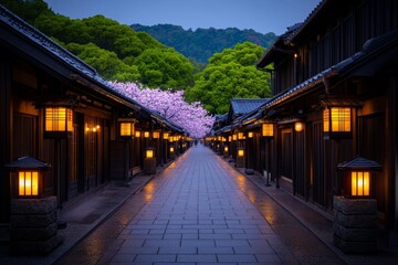 A charming traditional Japanese street in Shimoda, lined with wooden buildings, lanterns, and cherry blossoms in bloom
