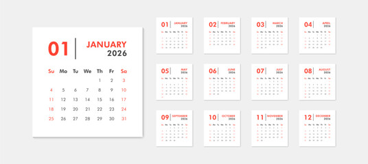 Monthly calendar template for 2026 year. Week starts on Sunday. Desk or wall calendar in minimal style