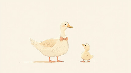 A hand-drawn, heartwarming depiction of a duck family--a proud mother duck with slightly ruffled feathers and a small bow, standing protectively next to her curious duckling