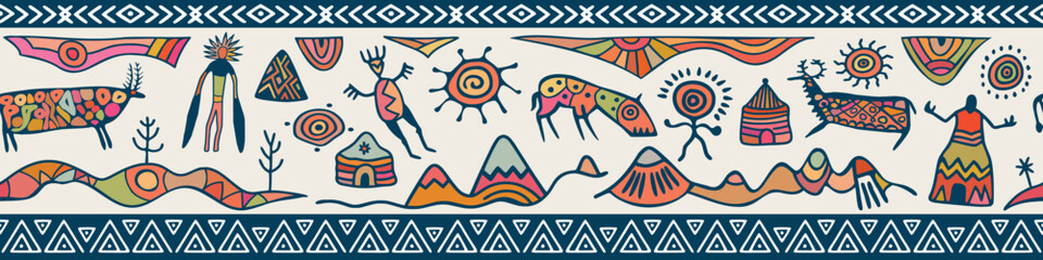 Ethnic seamless border on the theme of rock paintings, petroglyphs and geometric pattern, vector design, banner