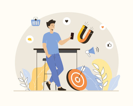 Mobile marketing web concept. Businessman attracts new customers and buyers using phone. Flat vector illustration.