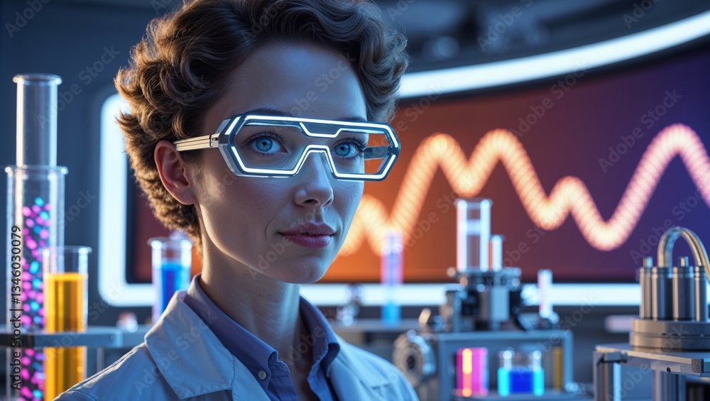 Poster scientist working in a futuristic laboratory with colorful chemicals and advanced technology in the 