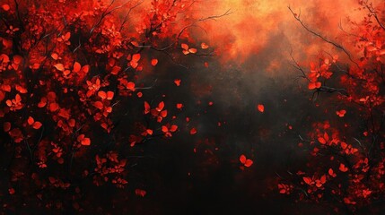 Fiery Red Autumn Leaves Dark Forest Fantasy Art