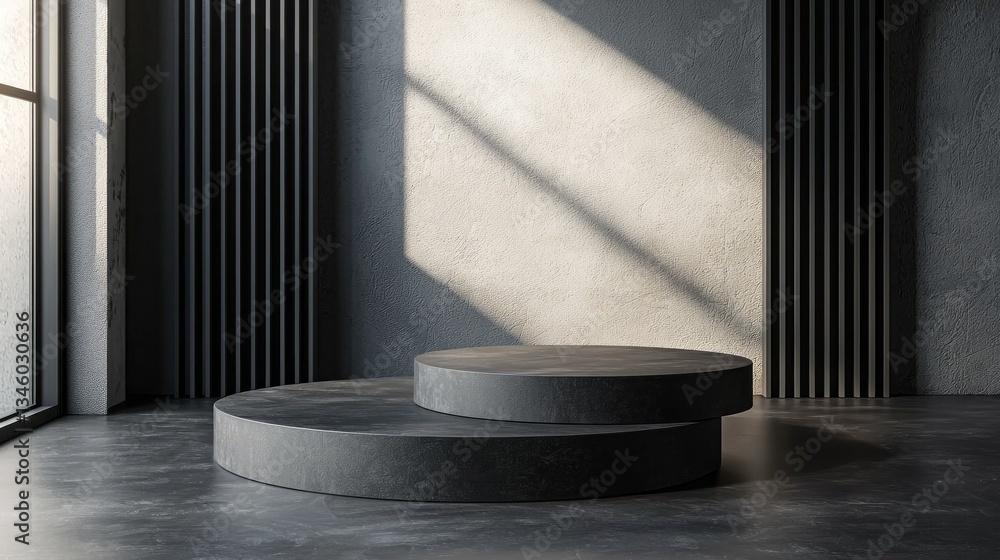Poster a spacious interior reflects modern design with layered, circular platforms in cool tones. natural l