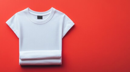 Red background, folded white t-shirt