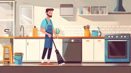 Male cleaner sweeping floor in modern kitchen
