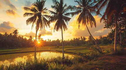 Stunning Sunset over Lush Tropical Rice Paddies and Palm Trees in Southeast Asia