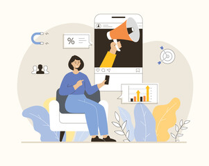 Mobile marketing, social media or network promotion. Influencer with megaphone on phone screen. Flat vector illustration.