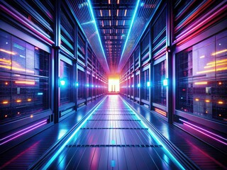 Data Center Server Room Corridor, 3D Render, Speed Light, Drone Photography, High-Tech Infrastructure, Network Servers