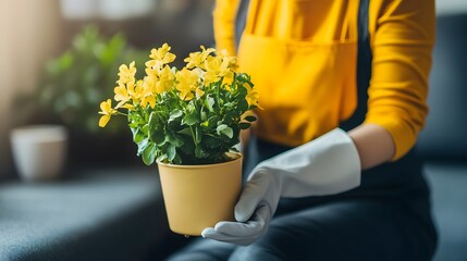 Gardener holding a pot with yellow kalanchoe blossoming flowers
