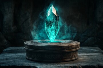 A crystal glowing with powerful spiritual energy, floating above an ancient altar