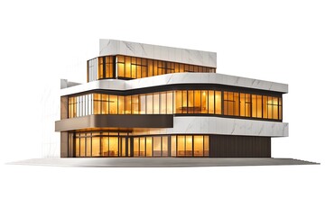 Modern office building exterior at sunset with golden light illuminating its interiors