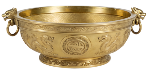 An ornate golden bowl with intricate dragon engravings and decorative handles shaped like dragon heads.