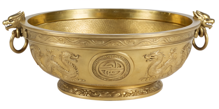 An ornate golden bowl with intricate dragon engravings and decorative handles shaped like dragon heads.