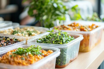 Obraz premium Sustainable Eating: An eco-friendly composition featuring reusable containers filled with a variety of plant-based dishes