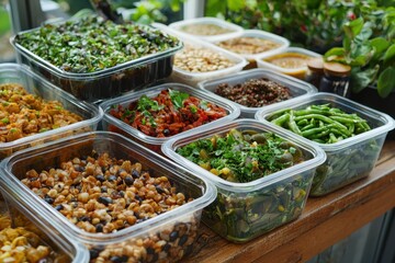 Fototapeta premium Sustainable Eating: An eco-friendly composition featuring reusable containers filled with a variety of plant-based dishes