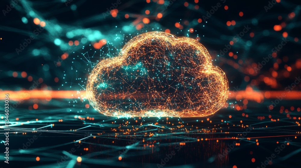 Poster abstract digital cloud with glowing connections and particles representing technology, data storage,
