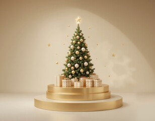 Decorated Christmas Tree with Gifts on Gold Pedestal for Festive Holiday
