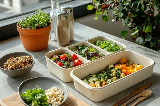 Sustainable Eating: An eco-friendly composition featuring reusable containers filled with a variety of plant-based dishes