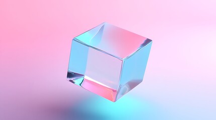 A translucent cube floats serenely, bathed in dreamy pastel hues of pink and blue, a symbol of ethereal beauty and delicate balance.