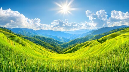 Obraz premium Lush Green Rice Terraces in Mountain Valley Sunny Day Landscape