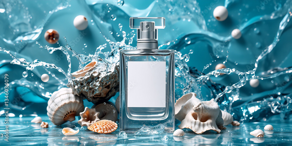 Poster - unknown date : vintage perfume bottle surrounded by seashells and pearls with splashing water on a