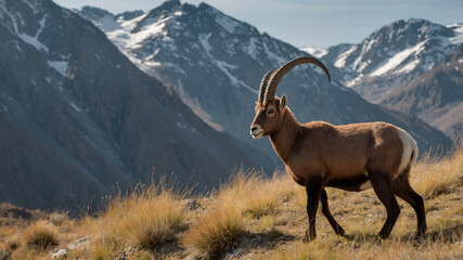 Obraz premium An Iberian Ibex stands gracefully on a mountain slope with rugged peaks in the background