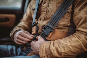 Man in jacket fastens seatbelt inside of car for safety. Use image to show car safety, rules, and accident prevention.