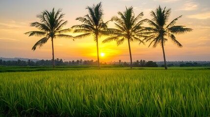 Serene Sunset over Lush Rice Paddy Field with Palm Trees