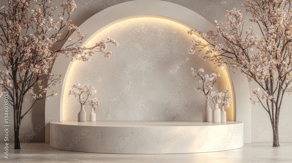 Poster Cherry blossom trees frame a minimalist curved display area, softly illuminated, creating a tranquil atmosphere perfect for spring events or photo sessions