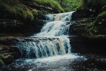 Fototapeta premium Majestic waterfall cascading over rocks in a serene forest during early morning light