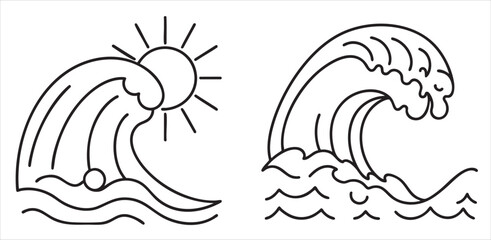 Two stylized waves with a sun, depicting oceanic elements in a simple design.