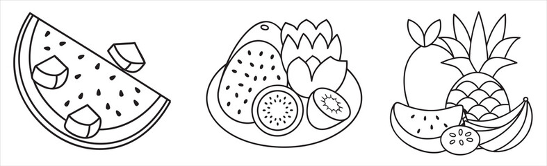 Black and white illustrations of various fruits on plates.