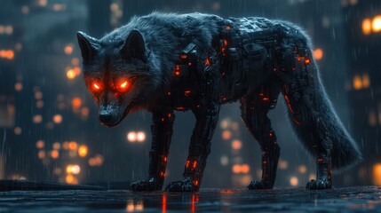 Futuristic cybernetic wolf standing in a rainy urban landscape with glowing eyes at night