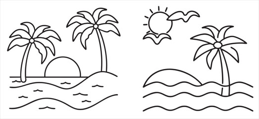 Line art of palm trees and sun over waves in a tranquil beach scene.