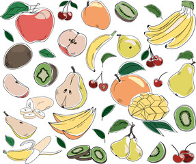 Vector doodle style hand drawn set of colorful fruits isolated on white background