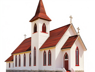 Fototapeta premium Faithful Haven: A charming white church with a striking red roof and steeple stands tall, its symmetrical design creating a sense of peace, spirituality and hope.