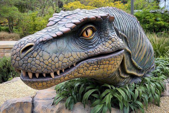 A dinosaur-themed amusement park ride, where animatronic dinosaurs roar at visitors